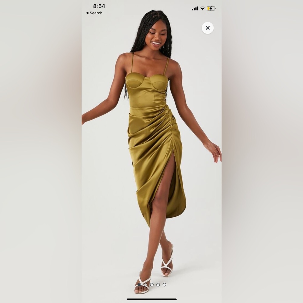 Olive Green Satin Ruched Bustier MIDI Dress.